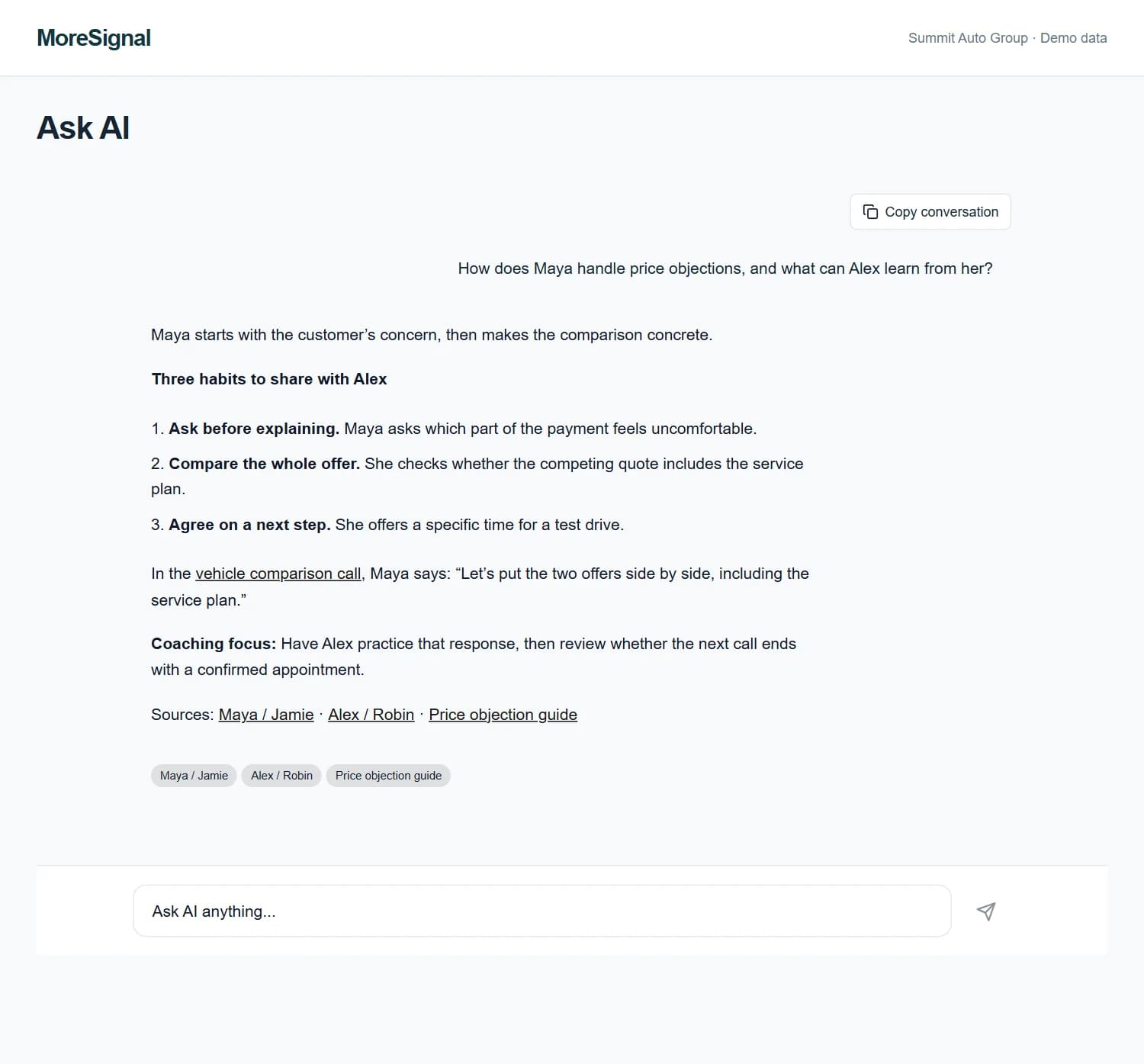 Ask a question. Get to the evidence.. An Ask AI answer with links to the relevant conversations and team knowledge. Fictional Summit Auto Group demo data.