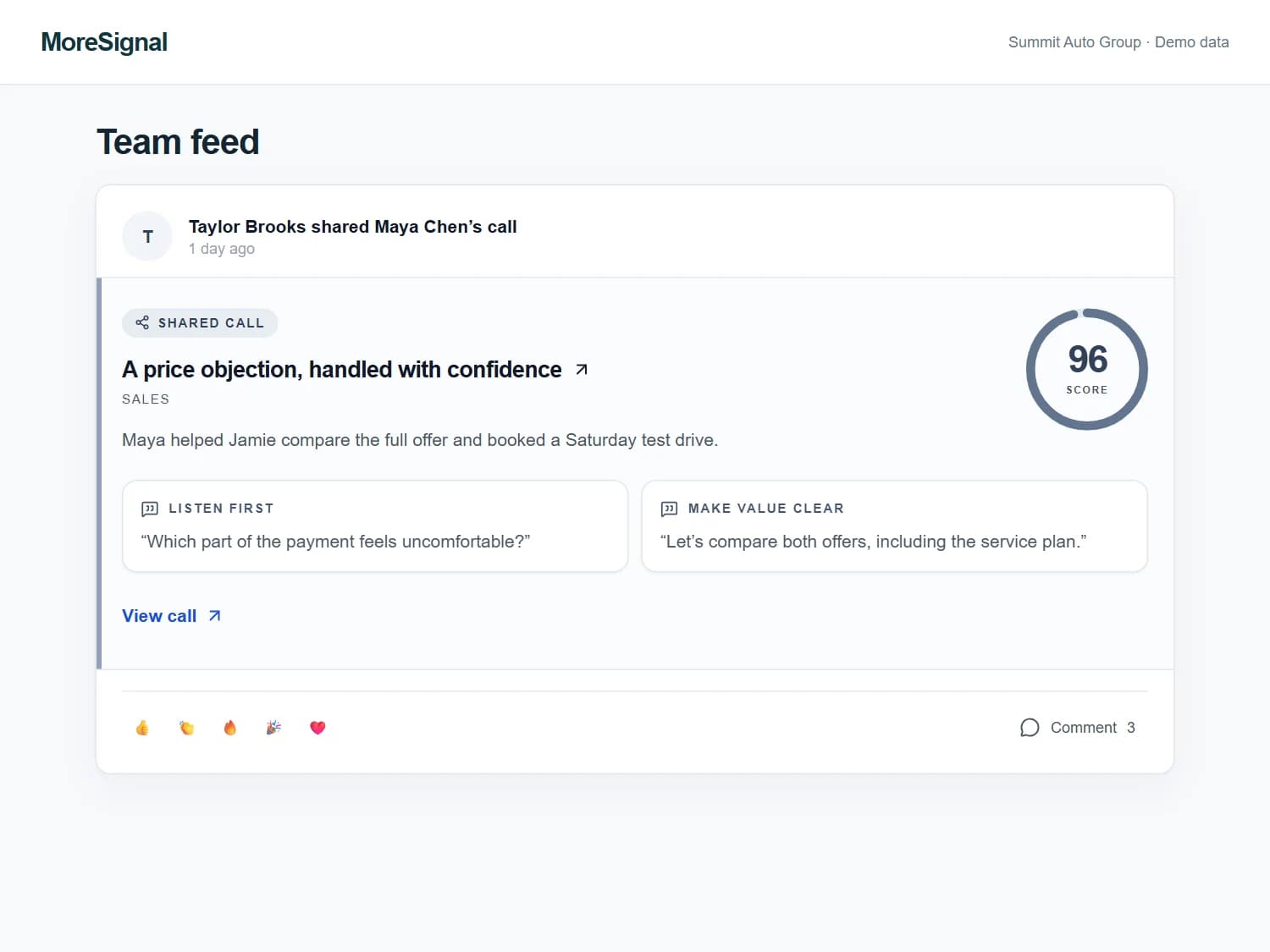 Give great work an audience. Share the conversation behind a great score so everyone can learn. Fictional Summit Auto Group demo data.