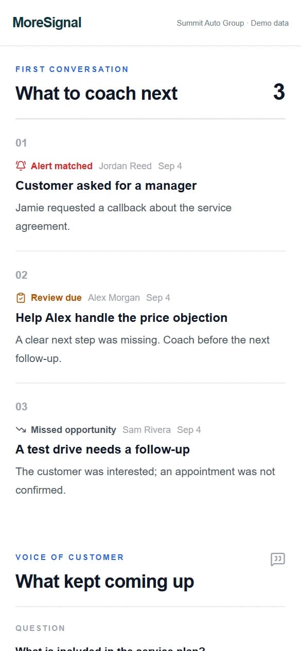 Your next action. Review the calls that need your attention, right from your phone. Fictional Summit Auto Group demo data.