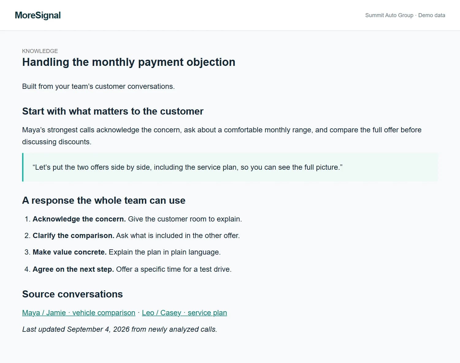 Knowledge that stays current. An automatically created knowledge article, connected to its source conversations. Fictional Summit Auto Group demo data.