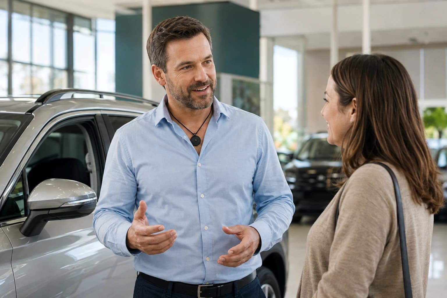 Sales consultant wearing a black wearable pendant while talking with a customer beside an SUV in a dealership showroom